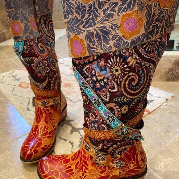 Soffia Brown Floral Tie Accent Leather Vintage Knee High Boots - Picture 3 of 9